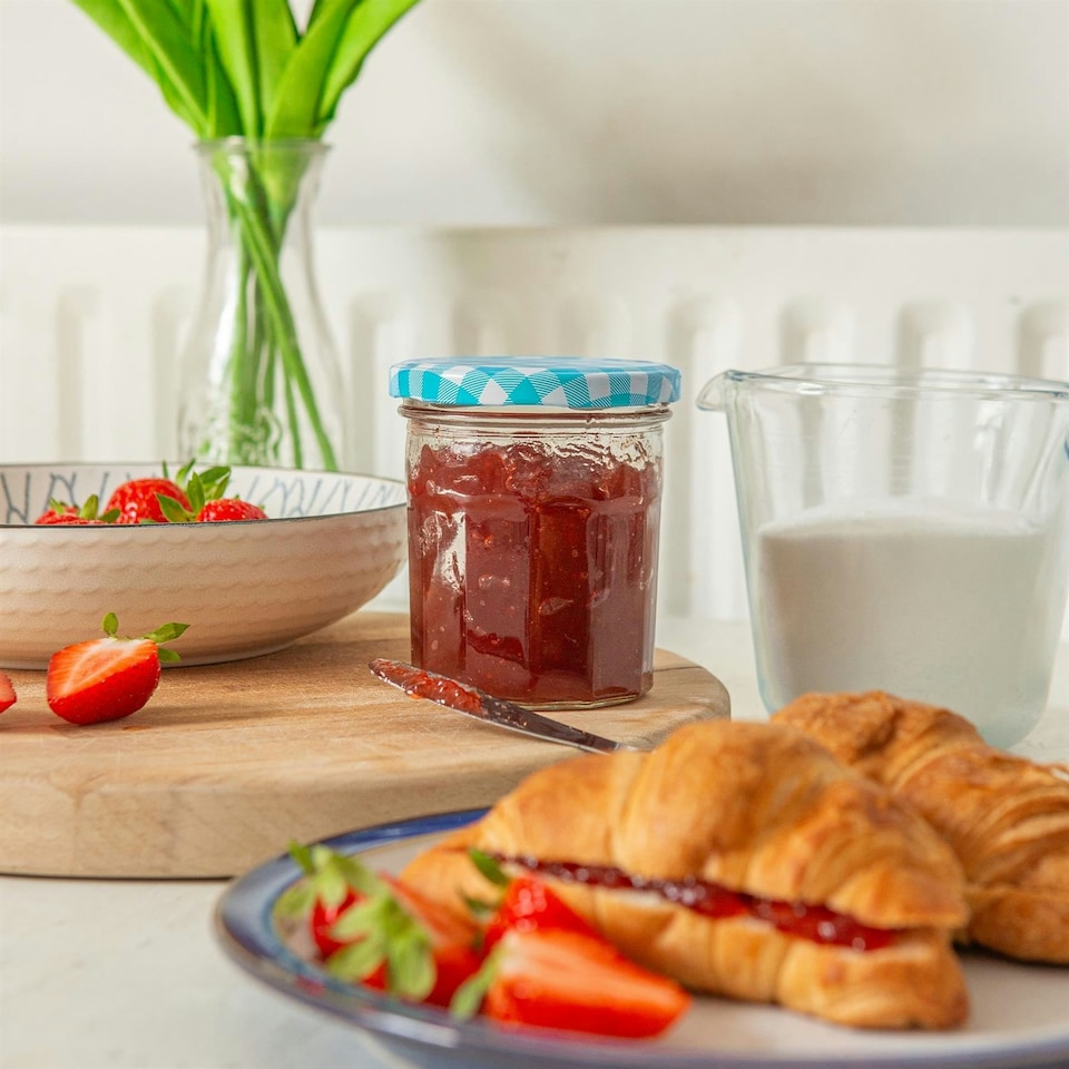 image 1 of Argon Tableware Glass Jam Jars with Blue Gingham Lids - 250ml - Pack of 6