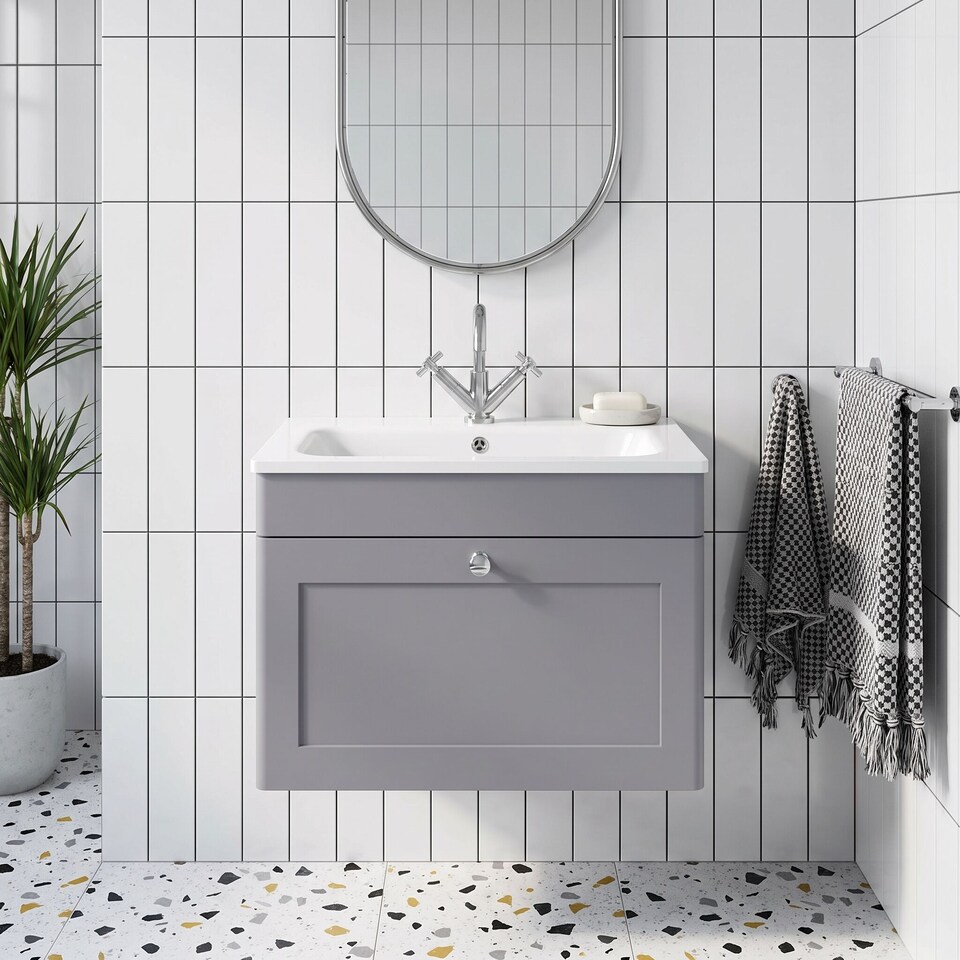 image 1 of Balterley Swynnerton Traditional 1 Drawer Wall Hung Vanity Unit with Stone Basin, Satin Grey, 600mm