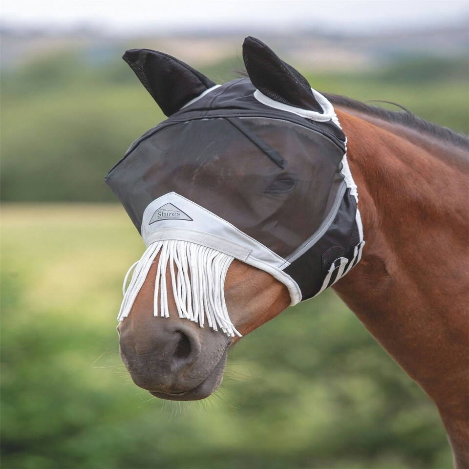 image 1 of Shires Fine Mesh Fly Mask with Nose Fringe Black | Small Pony