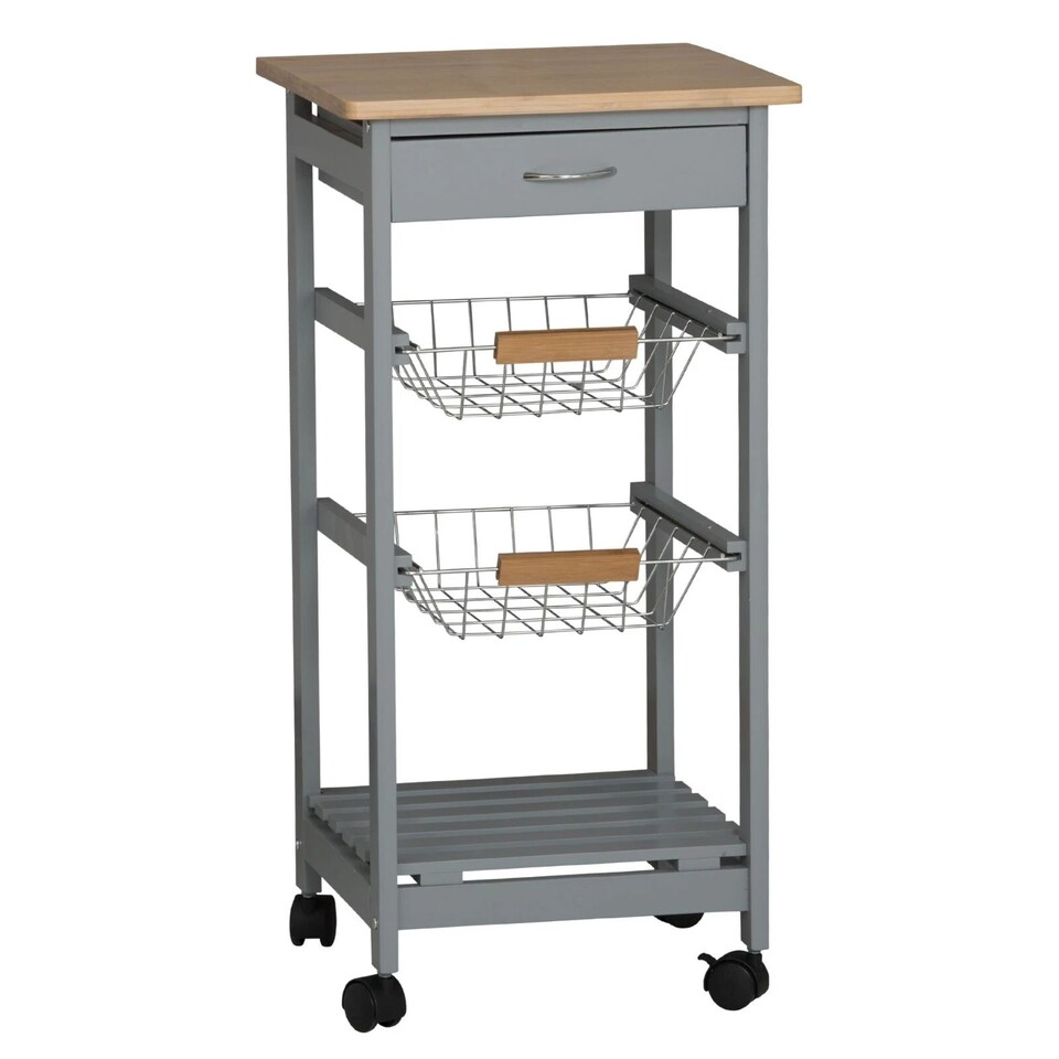 image 1 of 3 Tier Portable Oasis Bamboo Top MDF Kitchen Trolley Drawer Shelf Cart on Wheels | Grey | Grey