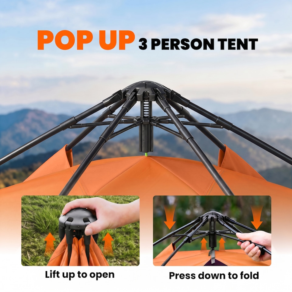 image 1 of Orange 3 Person Dual Layer Pop Up Camping Tent with Rainfly Outsunny
