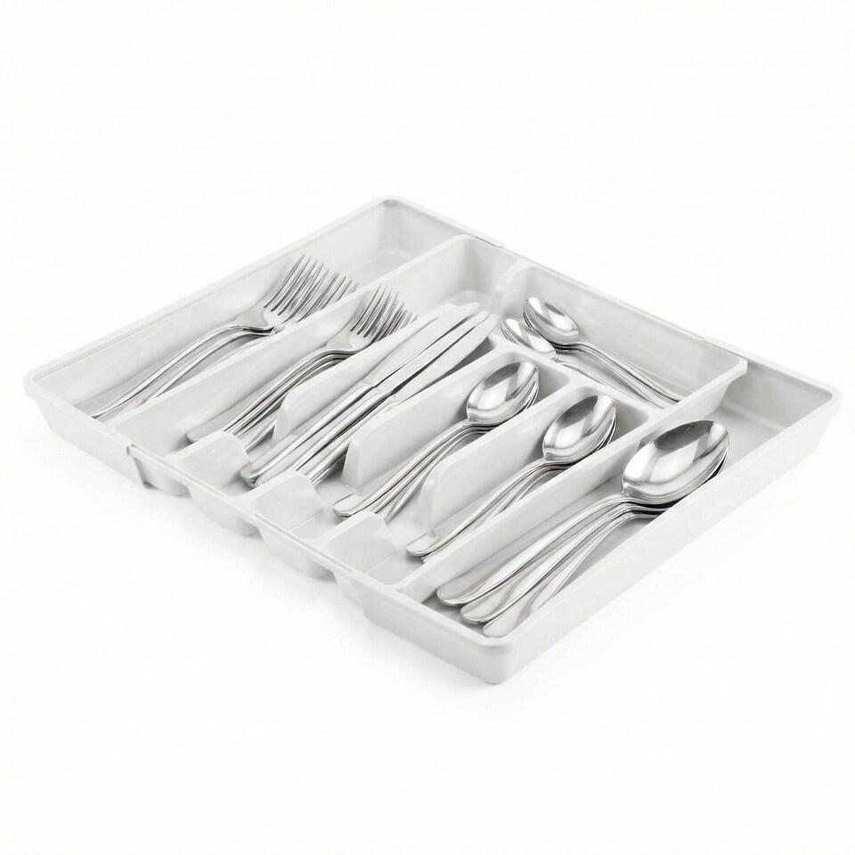 image 1 of 7-Section Extendable Plastic Cutlery Tray Organiser | White | 1