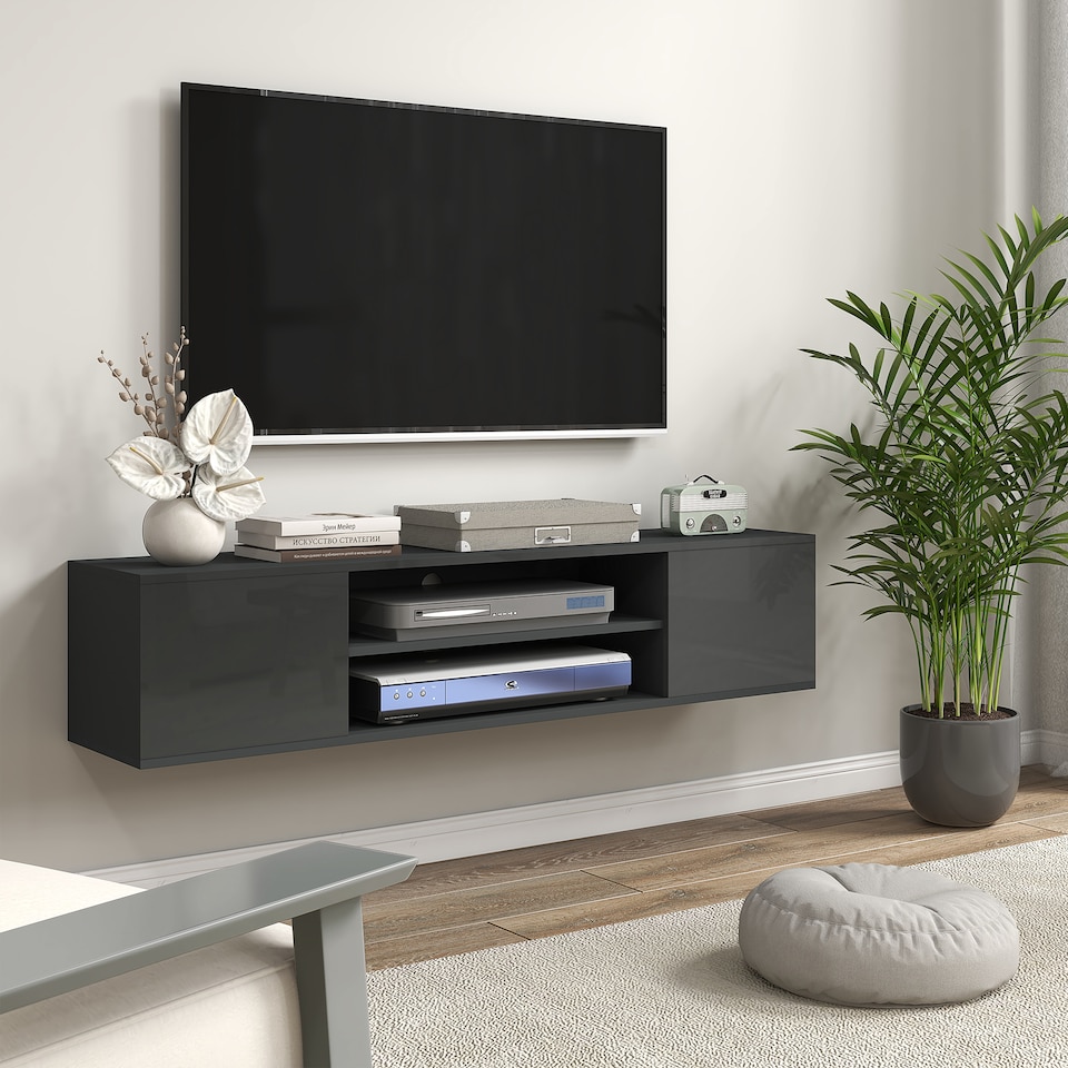 image 1 of HOMCOM Floating TV Stand Cabinet for TVs up to 60 , Wall Mounted TV Unit with Open Shelf, Storage Cupboards and Cable Management for Living Room, Grey