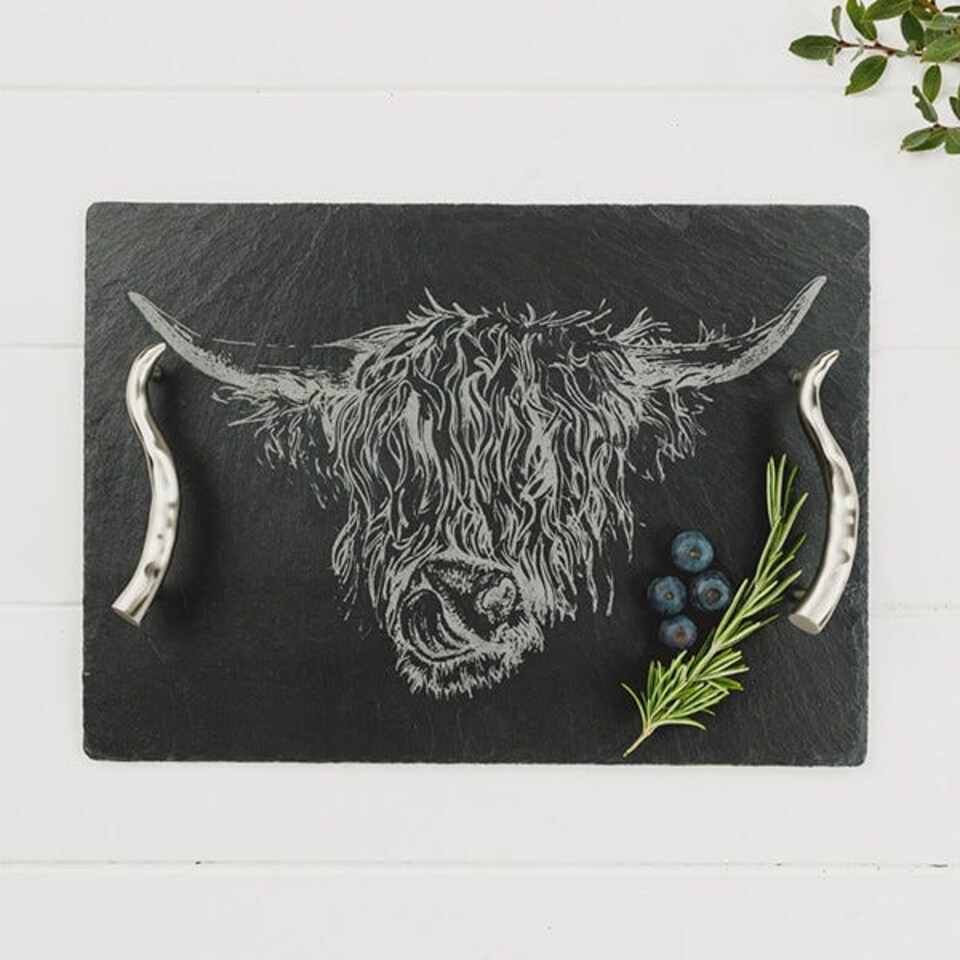 image 1 of The Just Slate Company Medium Highland Cow Slate Serving Tray Gift Boxed