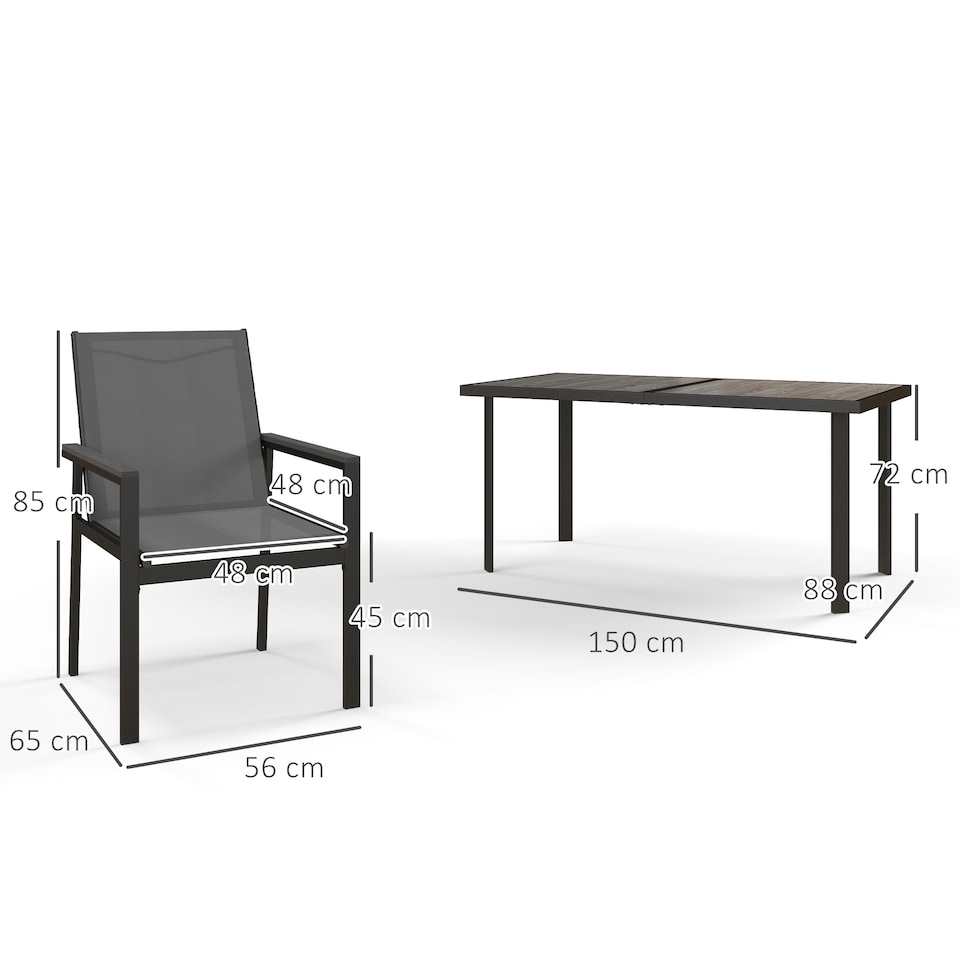 image 1 of Outsunny 7 Pieces Garden Dining Set with Glass Top Dining Table, Outdoor Patio Table and 6 Armchairs with Texteline Fabric Seats and Backrest, Wood-plastic Composite Armrests Top, Grey