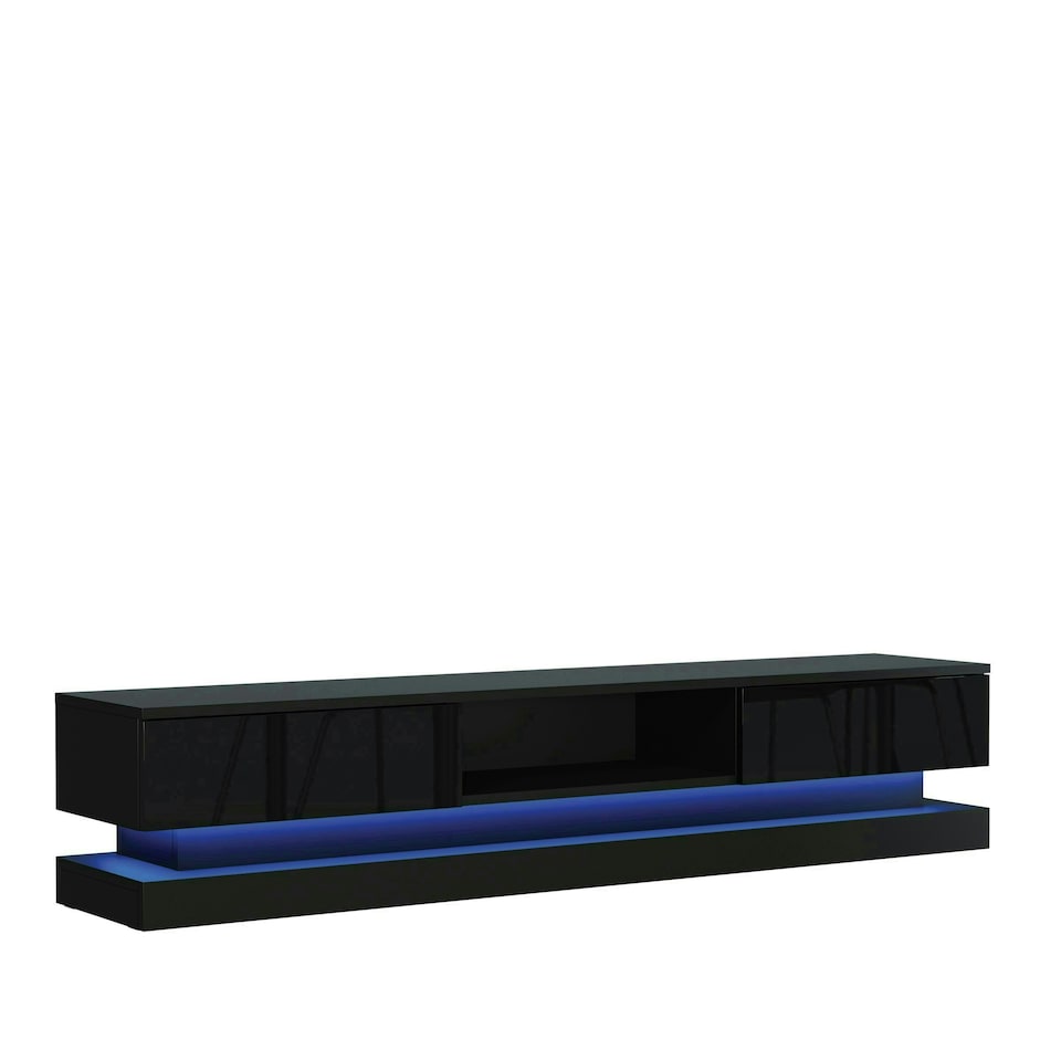 image 1 of TV Unit 180cm Black Gloss Fronts Black Matt Body with LED Platform Black