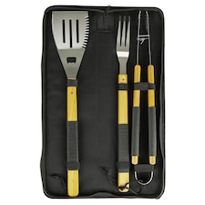 BobbyQ Silver 3 Piece BBQ Grilling Tools Set - Stainless Steel With Wooden Handle Outdoor Barbecue Grill Utensils with Storage Case