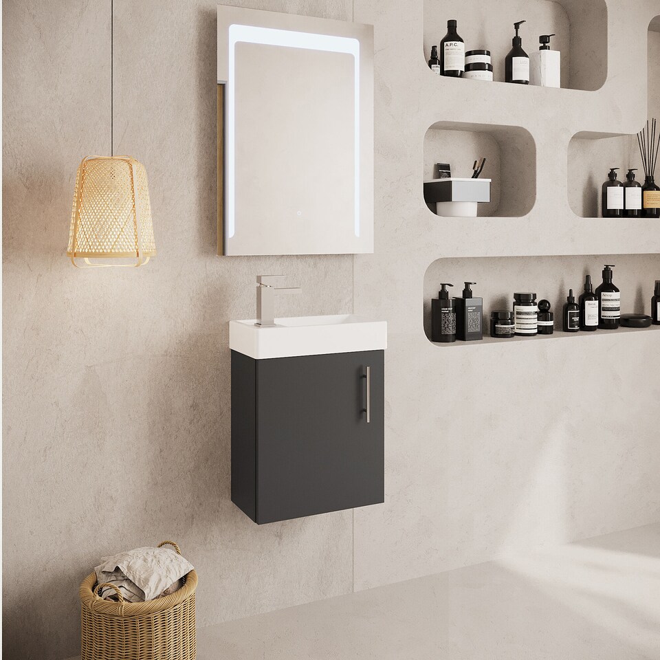 image 1 of Cloakroom Wall Hung 1 Door Vanity Unit with Basin Gloss Grey 400mm | Grey | Gloss Grey | 222 x 405 x 520mm | 1