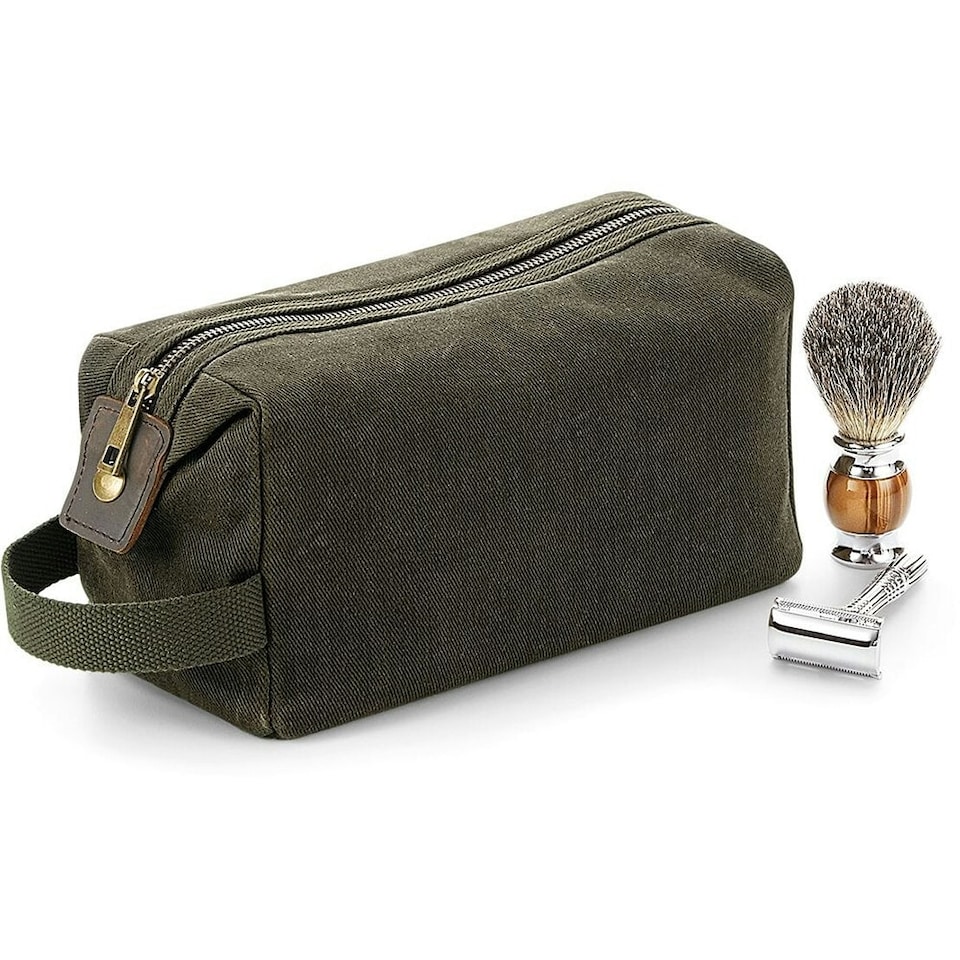 image 1 of Quadra Heritage Leather Accented Waxed Canvas Wash Bag - Olive Green - One Size | Green