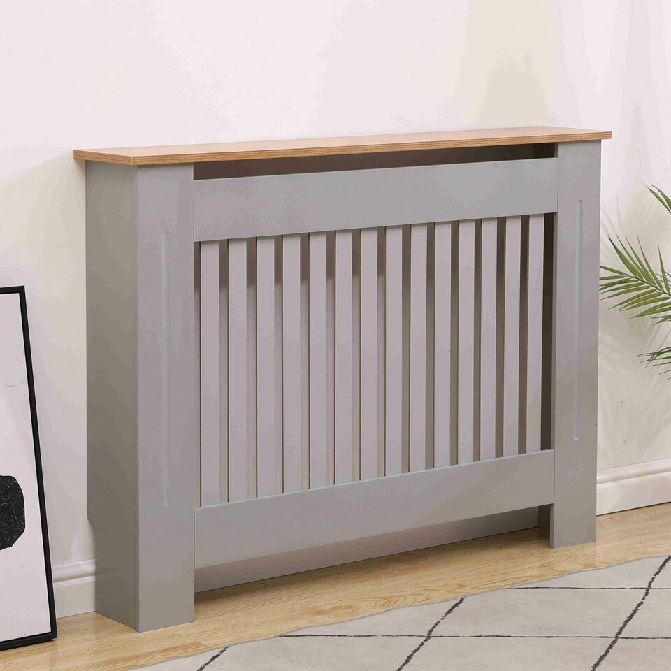 image 1 of Medium Grey Wooden Slatted Grill Radiator Cover MDF Cabinet