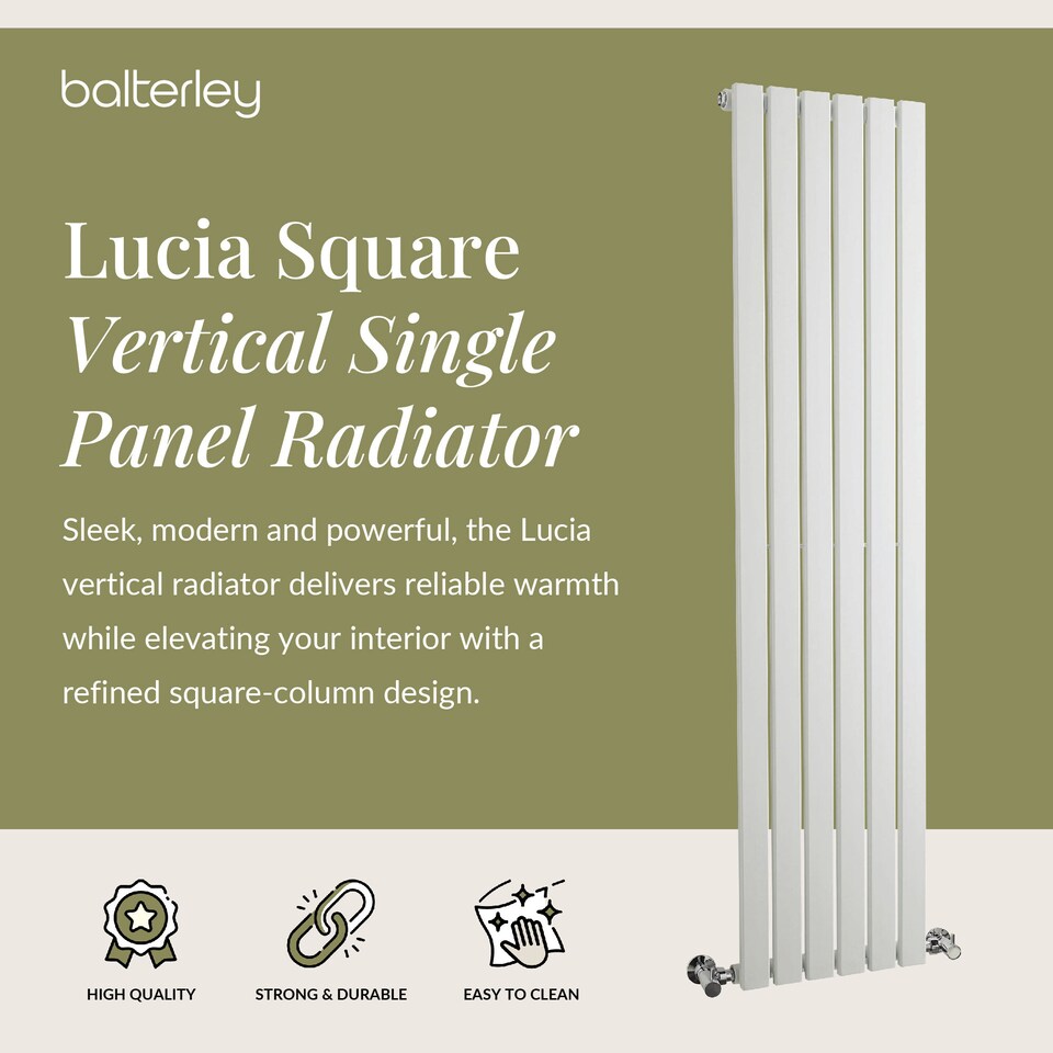 image 1 of Lucia Square Vertical Single Panel Radiator 1500 x 354mm - Satin White | White | Satin White | 1