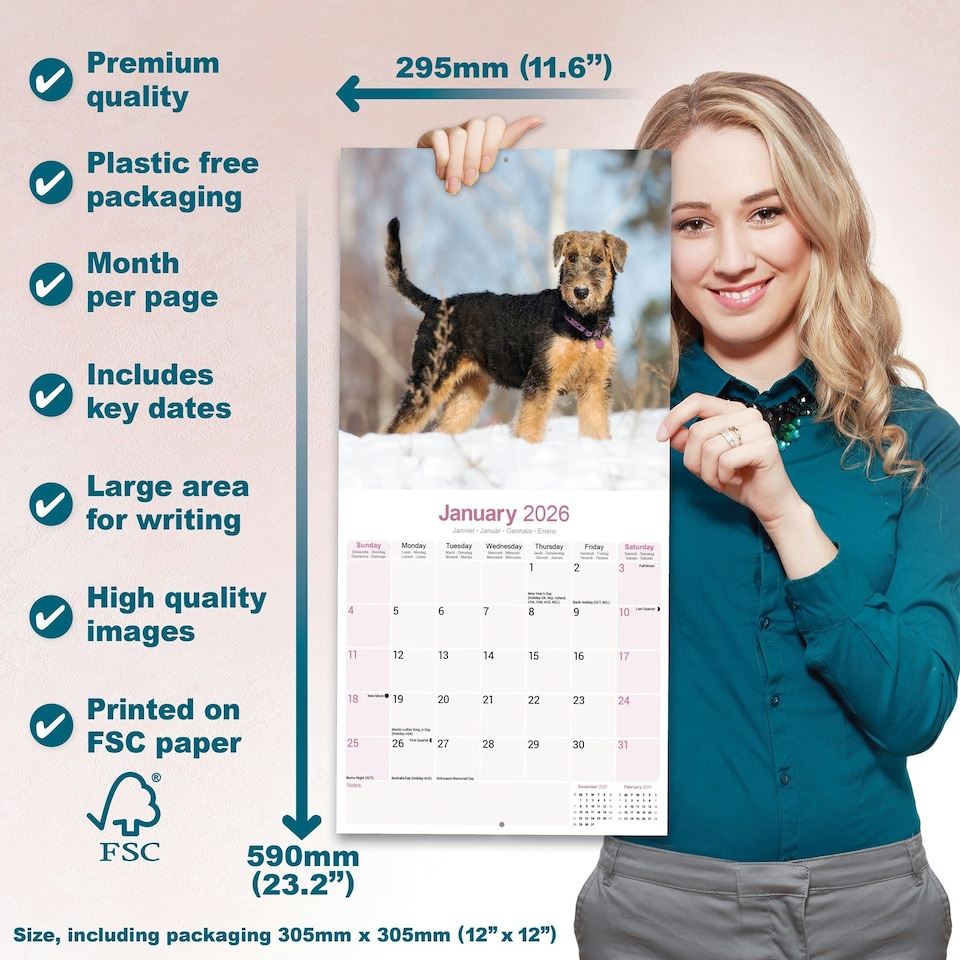 image 1 of Airedale 2026 Calendar | Square Wall Calendar | Dog Breed Gift | Plastic Free Packaging | by Avonside Publishing