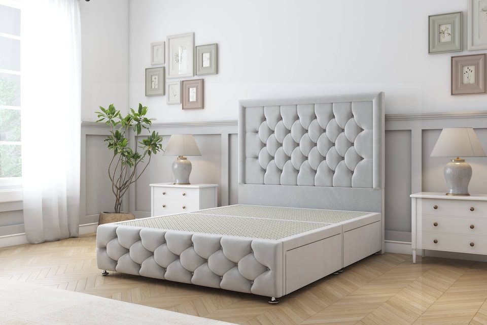 image 1 of Sloomy Vienna Silver Plush Divan Bed Base 2 Drawers Left Side With 54 Inch Floor Standing Headboard & 12 Inch Matching Footboard | Silver | Silver | Super King | 1