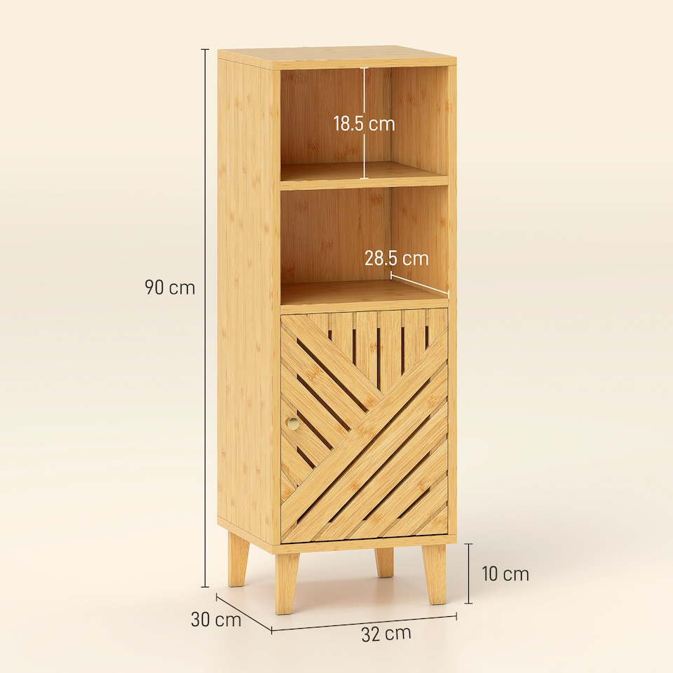 image 1 of HOMCOM Slim Bathroom Cabinet with Bamboo Door and Legs, Narrow Bathroom Storage Cabinet, Freestanding Storage Cupboard with Open Compartments, 32 x 30 x 90 cm, Natural Wood Finish