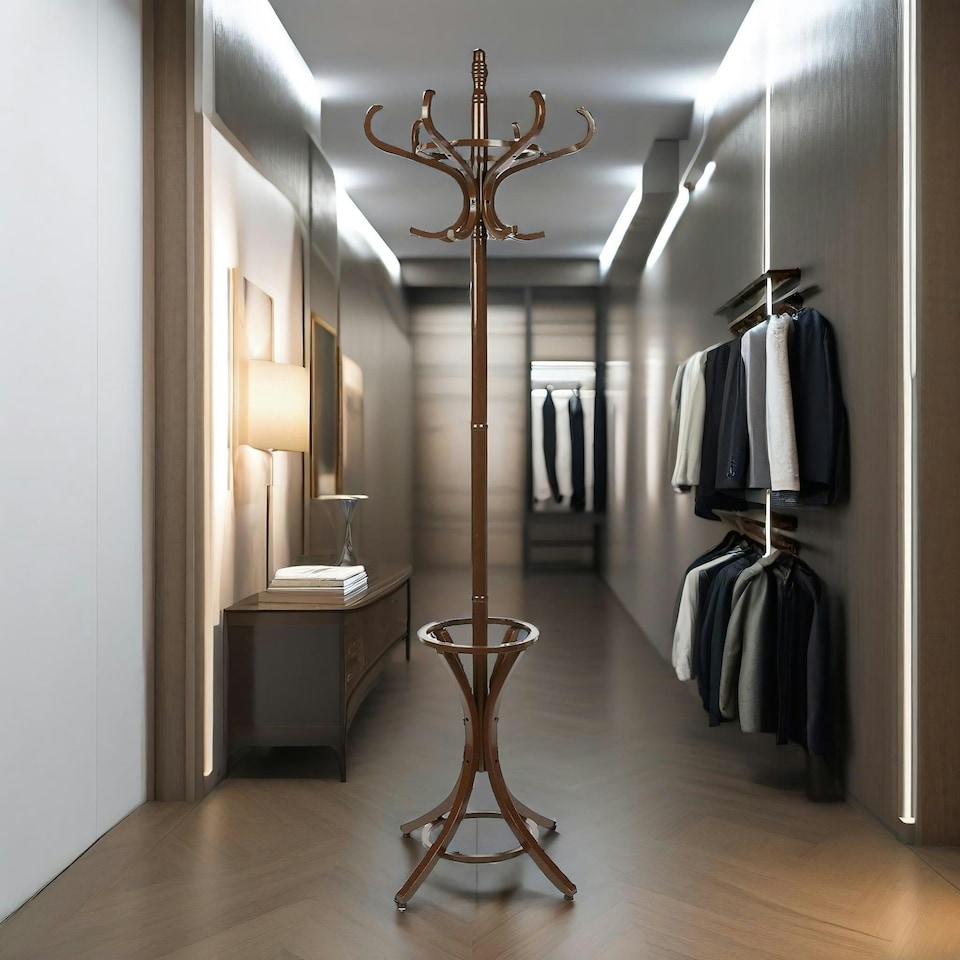 image 1 of Wooden Coat Stand With 12 Hooks Walnut One Size