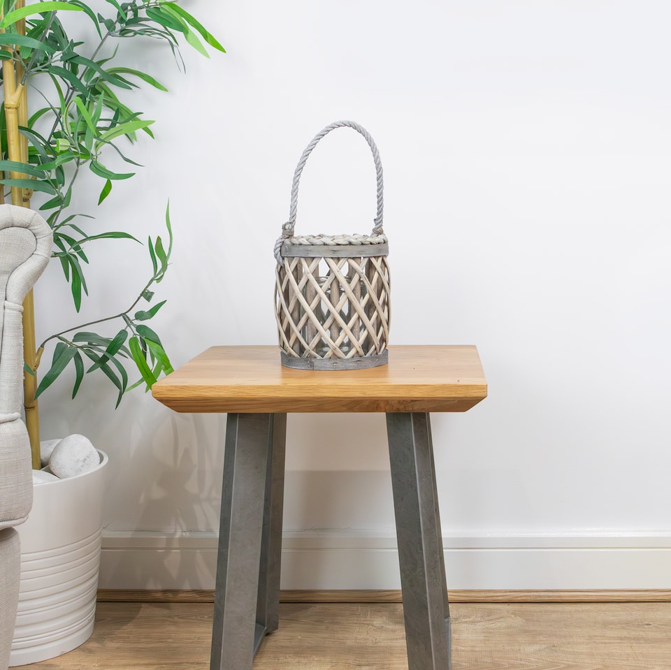 image 1 of JVL Luna Natural Willow Wood Lantern With Braided Rope Handle, Grey Wash