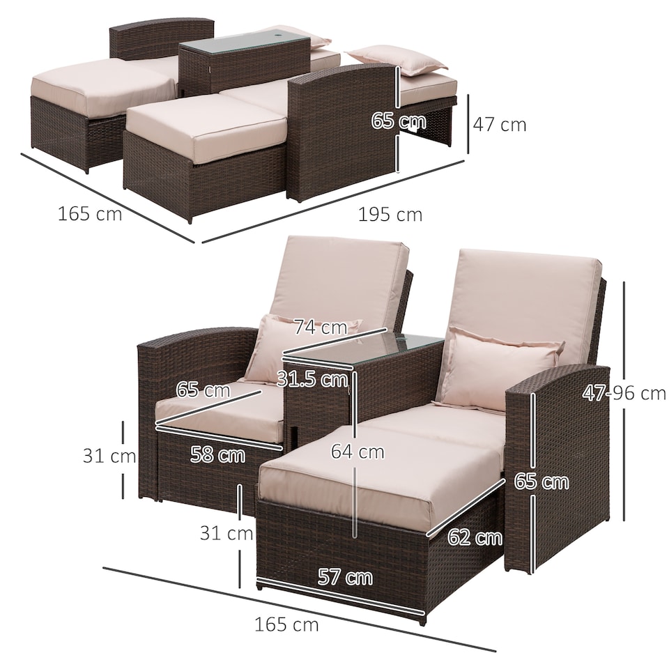 image 1 of Outsunny Double Rattan Sun Lounger, Already Assembled Reclining Garden Lounger with Retractable Footrest, Glass Top Storage Table with Umbrella Hole, Garden Sunbed with Cushions and Pillows, Brown