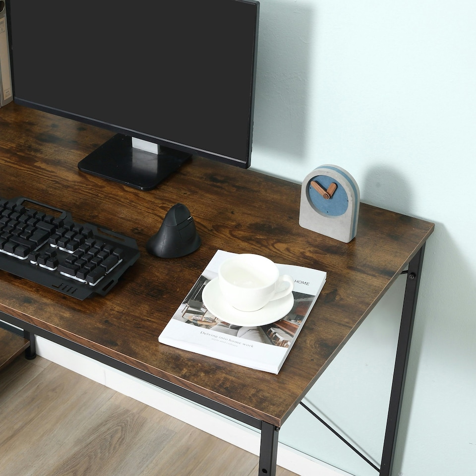 image 1 of HOMCOM Computer Desk Laptop Table w/4-tier Bookshelf  Metal Frame Brown, Black