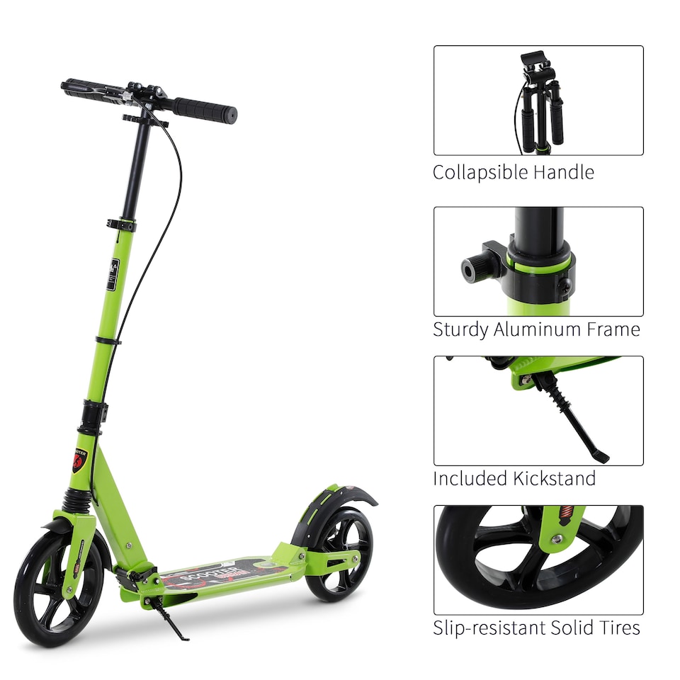 image 1 of HOMCOM Kick Scooter, Folding 2 Wheel Scooter with Dual Brake System, Dual Suspension, 230mm Big Wheels and 3 Adjustable Handlebar, for 14 older Teens Adults, up to 100KG, Green