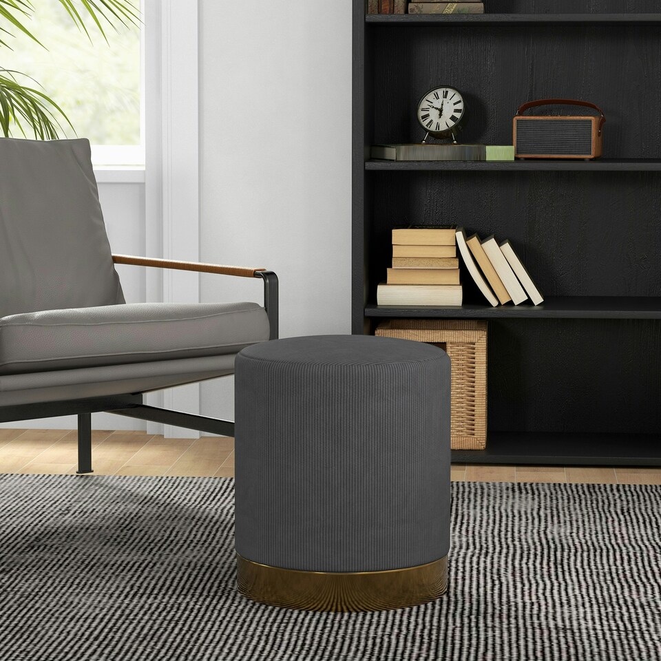 image 1 of HOMCOM Modern Round Footstool, Fabric Upholstered Foot Rest, Charcoal Grey