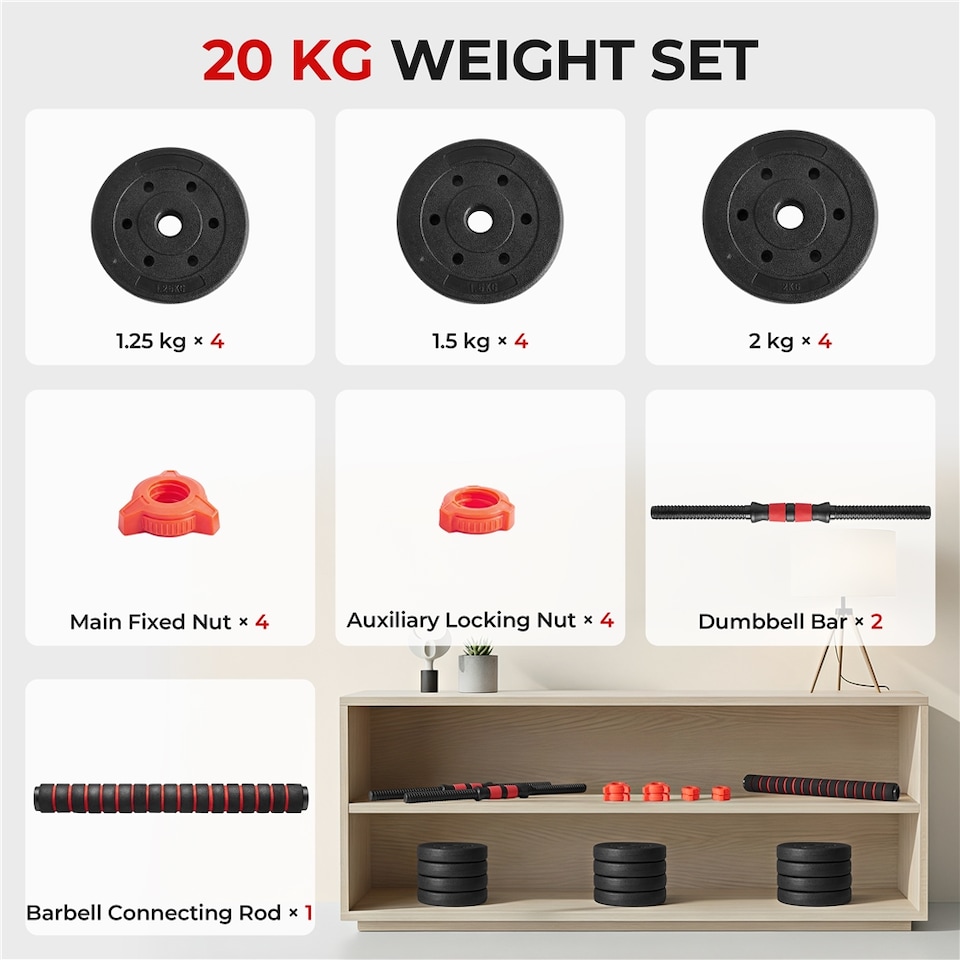 image 1 of Yaheetech Adjustable Dumbbell and Barbell Set,  20 kg Free Weights with 12 Weight Plates-Black