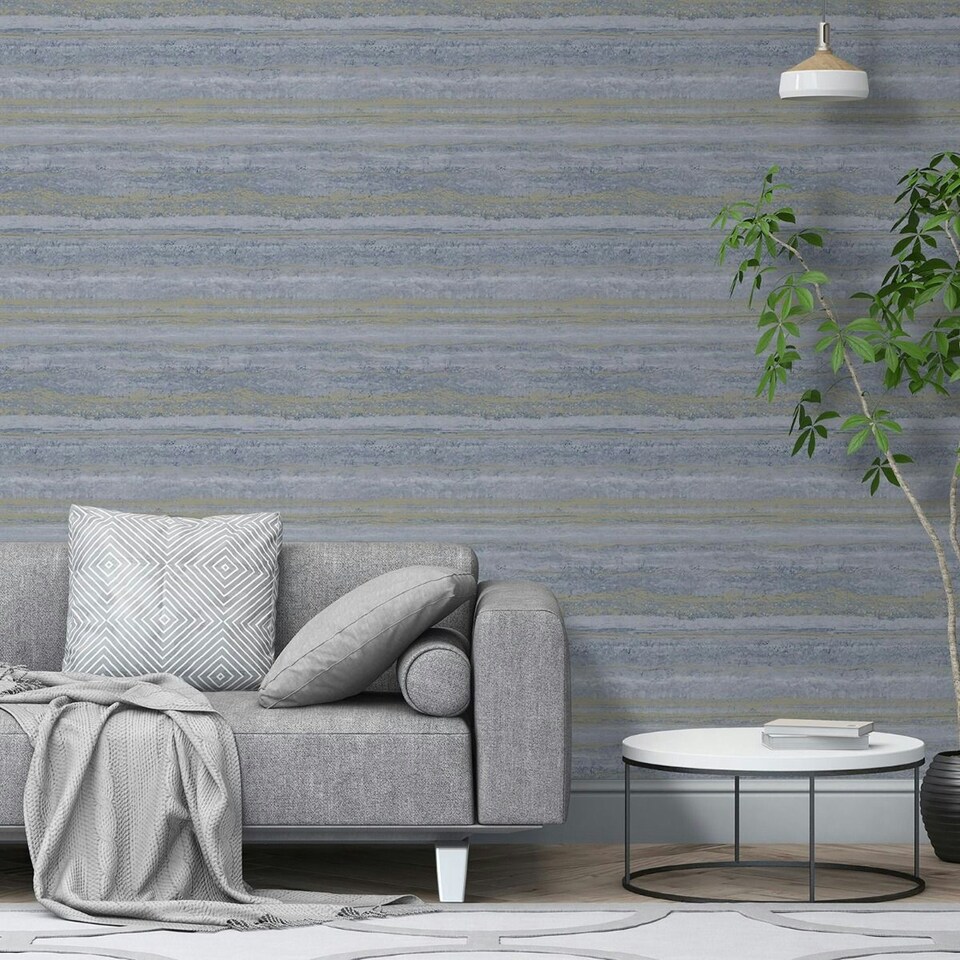 image 1 of World of Wallpaper Strata Marble Effect Wallpaper - Blue/Gold - 10.5m x 53cm Blue