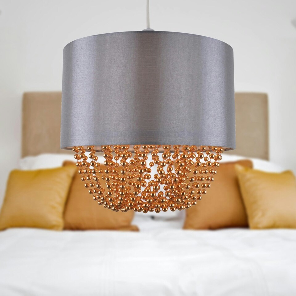 image 1 of First Choice Lighting Grey Faux Silk & Copper Jewelled Ceiling Light Shade Grey | Copper