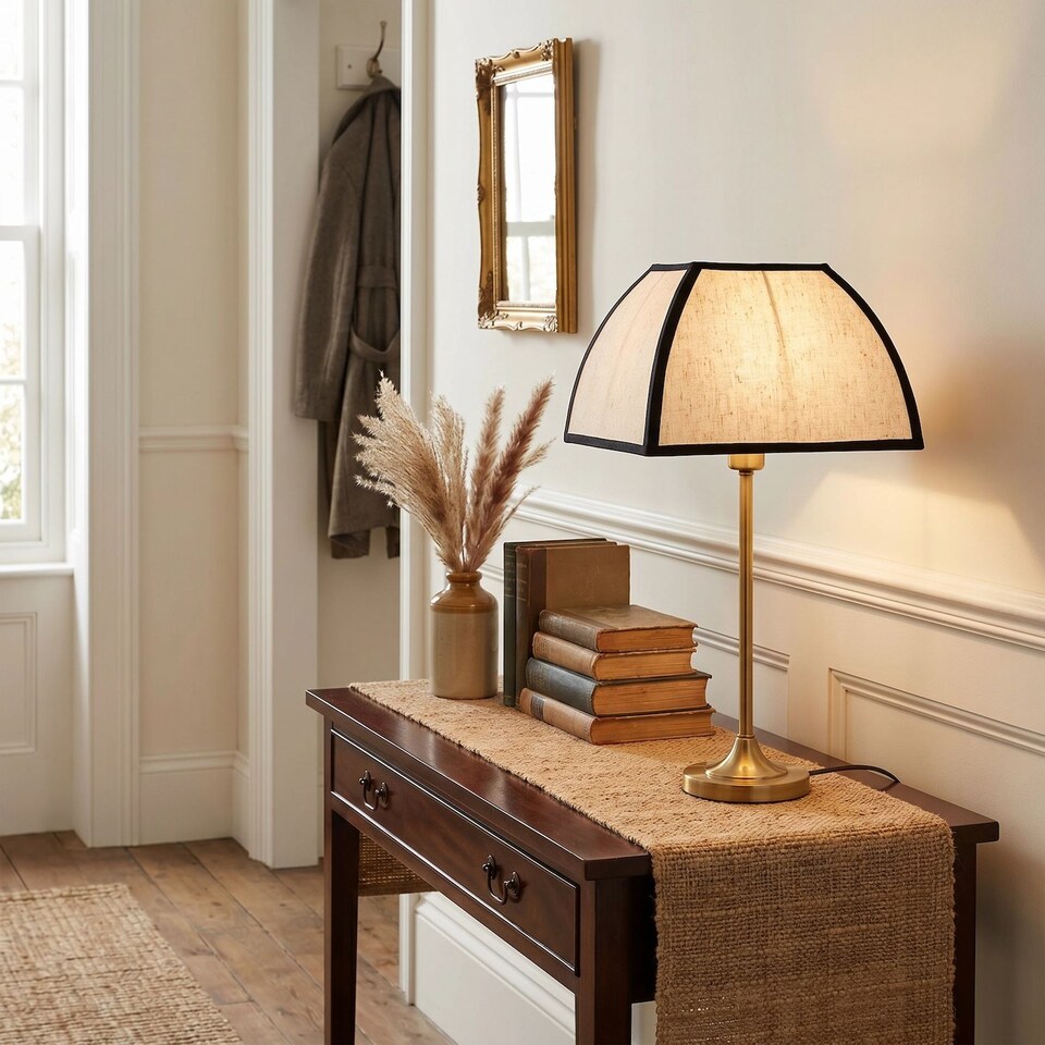 image 1 of Vintage Victorian Square Lamp Shade in Oatmeal Linen and Black Trim | Black | Black | 1