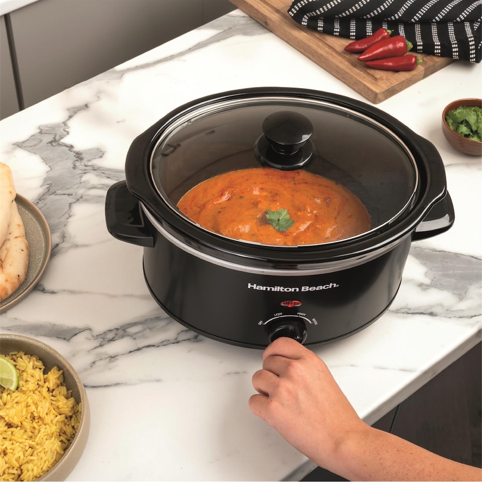 image 1 of Hamilton Beach Slow Cooker, 3.5 Litres, Comfort Cook, 160W, Energy-Efficient, Removable Oven-Safe Ceramic Bowl, 3 Heat Settings, Serves 2-4 People, Easy Clean, Black - HBSC040B