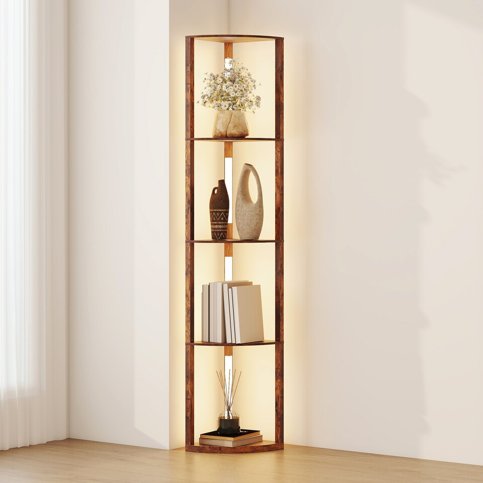 image 1 of HOMCOM LED Floor Lamp with Shelves, 4 Layers Dimmable Modern Standing Lamp with 3 Brightness Levels and Foot Switch for Living Room, Bedroom, Office, Rustic Brown