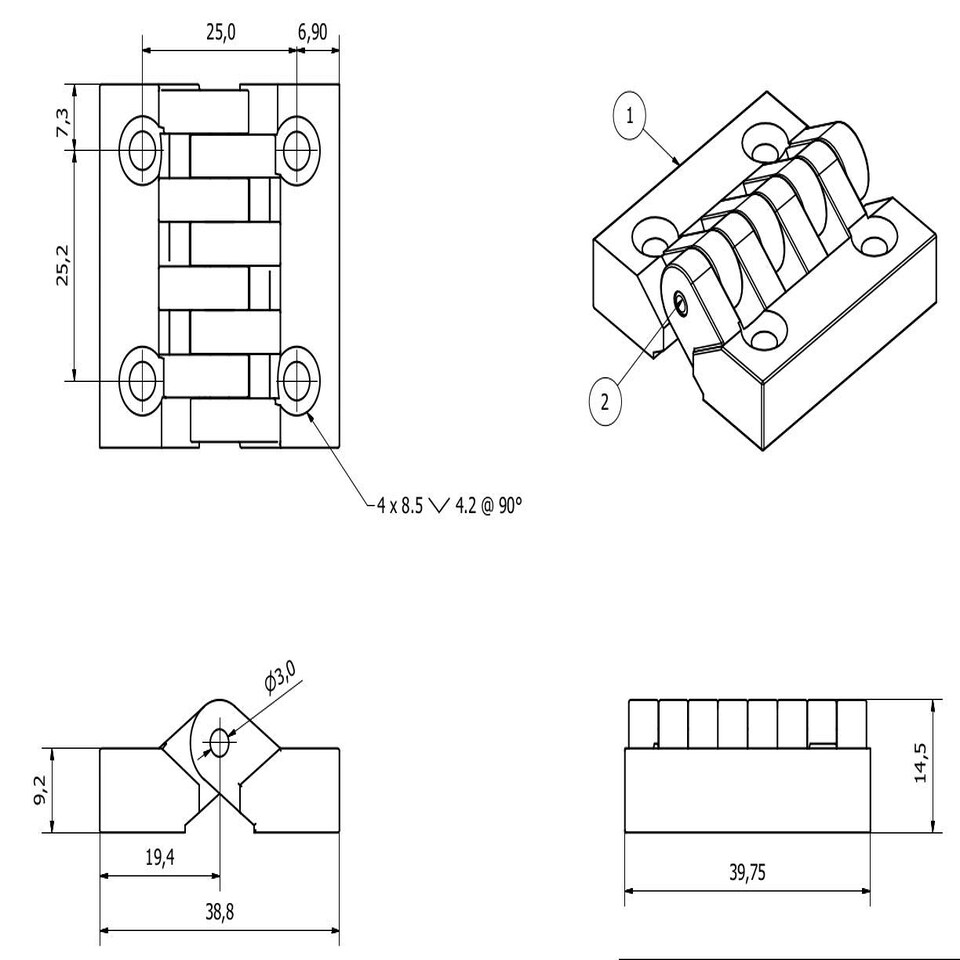 image 1 of 2 Pack Black Polyamide Hinge Reinforced Plastic 39x39mm Italian Made Industrial Black