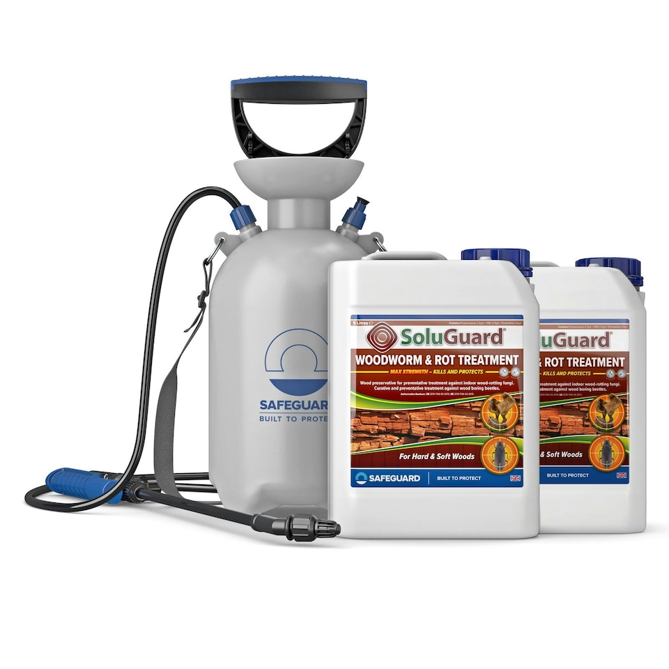 image 1 of Soluguard Woodworm and Rot Treatment (2x5L Clear & Sprayer) Ready for Use Woodworm Killer