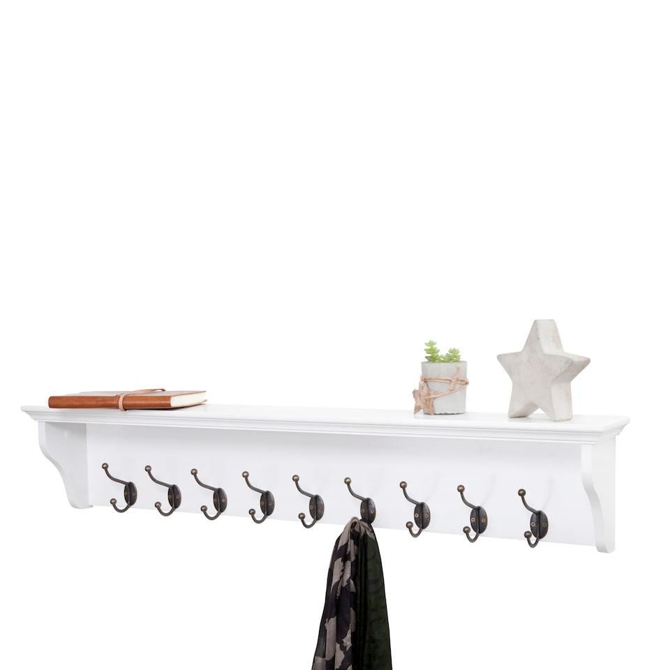 image 1 of Richmond White Wooden Wall Mounted Coat Rack - 9 Hooks, Shelf, Hallway, Bathroom | White