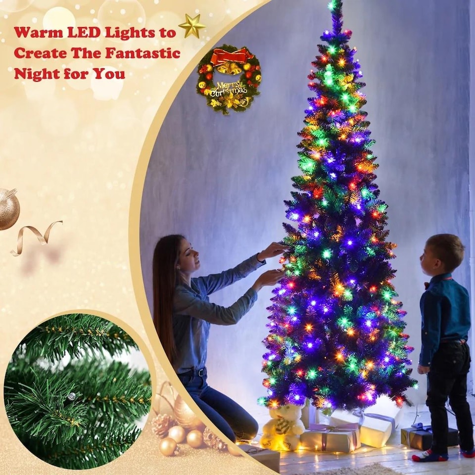 image 1 of Pre-Lit Artificial Slim Christmas Green Pencil Tree Multicolour LEDs Pointed Tips with Metal Stand | Green | Green