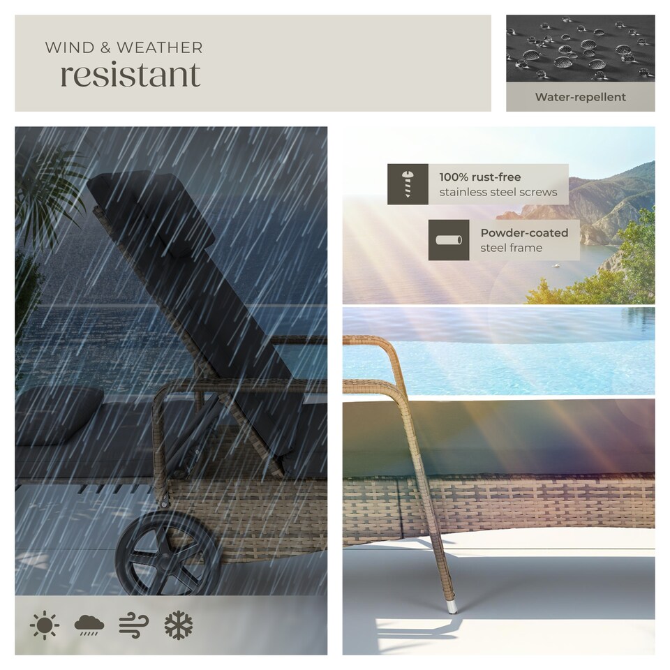 image 1 of Sun Lounger - 6-position backrest, weather and UV-resistant, soft pillow, two wheels | Cream | nature/dark grey | 1