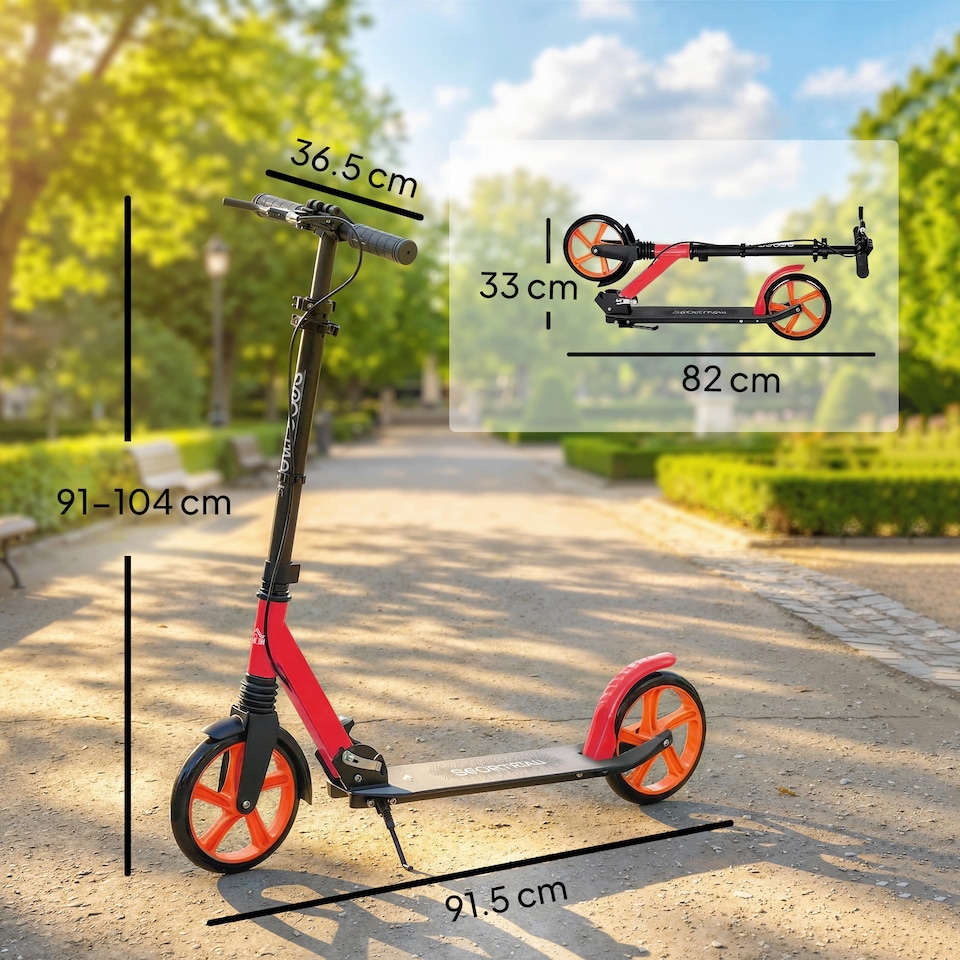 image 1 of HOMCOM Folding Kick Scooter for 14+ w/ Adjustable Height | Red | Red and Black | 91.5L x 36.5W x 91-104H cm
