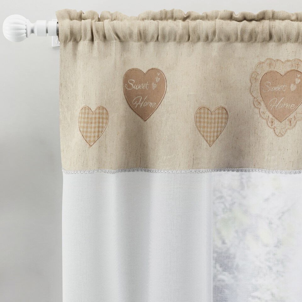 image 1 of Tyrone Textiles Sweetheart Embroidered Heart Kitchen Window Set Curtain Pair With Matching Tie Backs - Natural (Drop - 54" (137cm)
