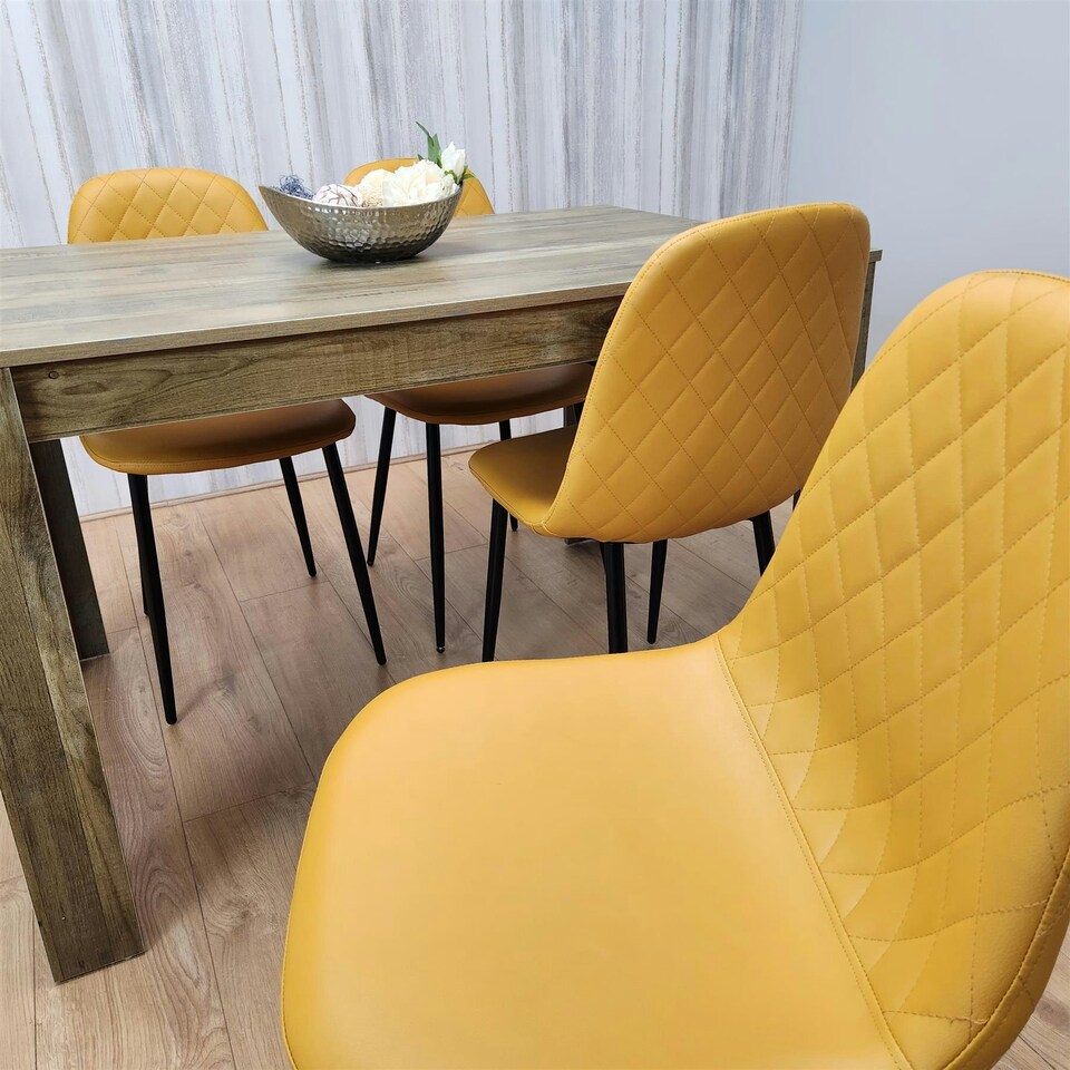 image 1 of Dining Table and 4 Chairs Rustic Effect Table with 4 Mustard Gem Patterned Chairs Brown