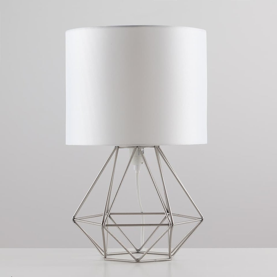 image 1 of ValueLights Angus Brushed Chrome Metal Cage Table Lamp White Shade