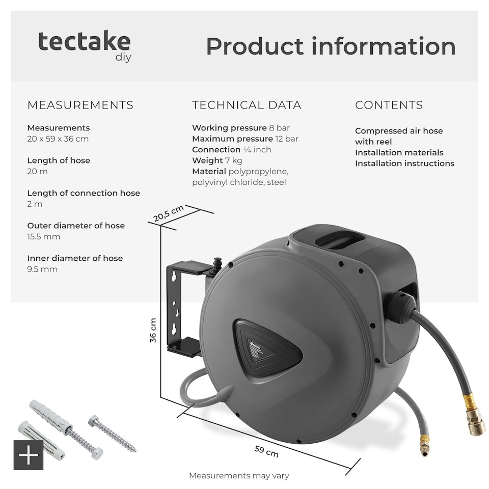 image 1 of Compressed Air Hose with Reel - quarter inch quick coupling | Grey | grey | 20 m | 1