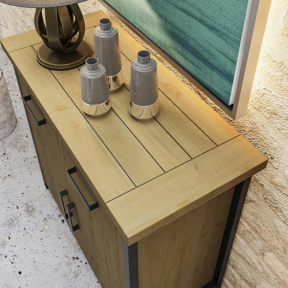 image 1 of Lowry 2 Door 2 Drawer Compact Sideboard Driftwood Lacquered Solid Reclaimed Pine Brown
