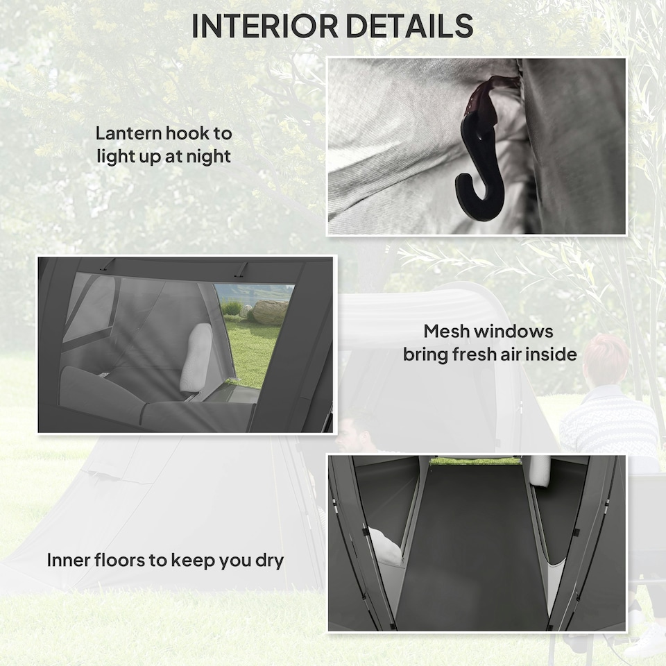 image 1 of Outsunny 3 Man Camping Tent with 2 Bedrooms, 3000mm Waterproof, Grey