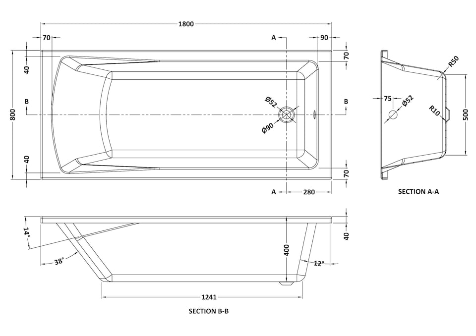 image 1 of Balterley Square SE Bath with Leg Set 1800x800 EL