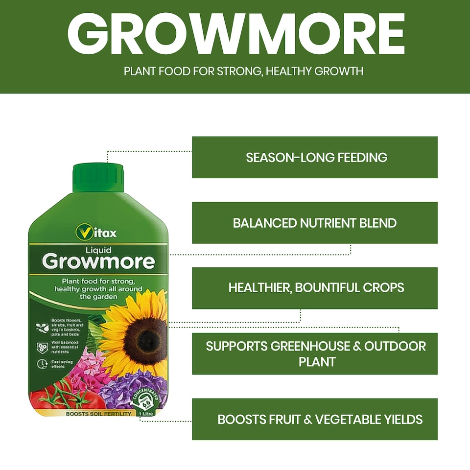 image 1 of Vitax Liquid Growmore 1L Concentrated All Purpose Plant Feed for Lawns Vegetables Flowers NPK Fertiliser Growth Boost