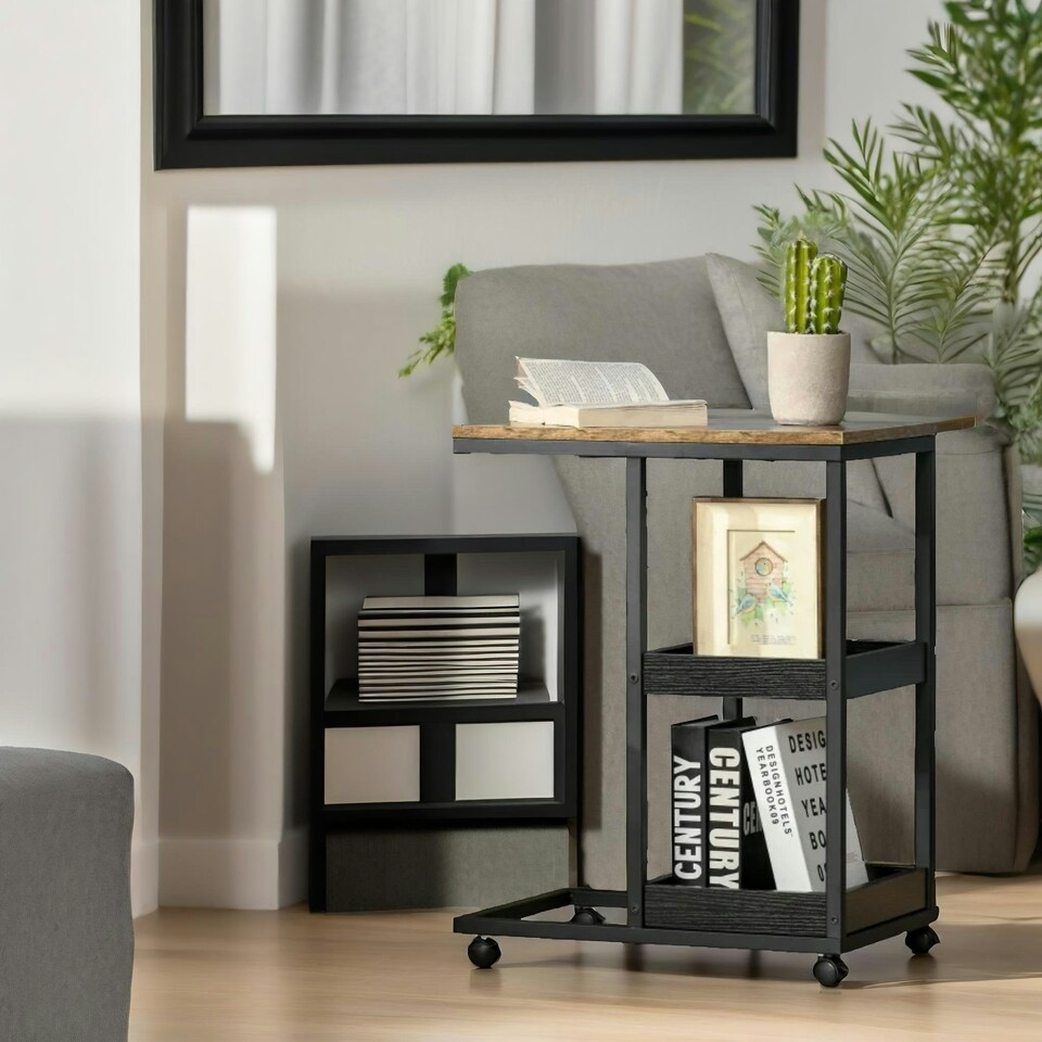 image 1 of Industrial C Shaped Side Table 3-Tier With Wheels Brown