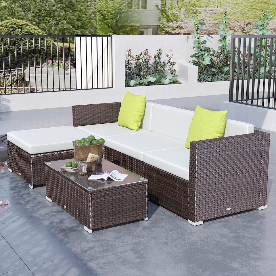 image 1 of Outsunny 5 Pieces PE Rattan Garden Furniture Set with Cushions, Outdoor Corner Sofa, Patio Sectional Conversation Furniture Sets with Glass Top Coffee Table, Brown