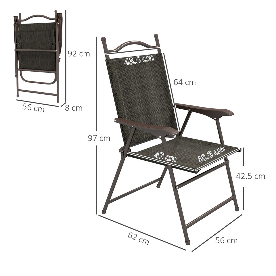 image 1 of Outsunny Folding Chairs Set of 2, Garden Chair with Armrest, Breathable Mesh Fabric Seat, Camping Sports Chairs for Adults, Dark Brown