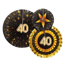 Age 40 Black & Gold Pinwheel Fan Hanging Decorations - Pack of 3