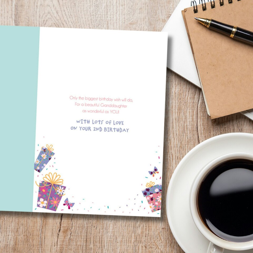 image 1 of Words 'n' Wishes 2nd Birthday Card for Granddaughter, Patterned & Foiled Letters With Presents, Multicoloured, 23.5 x 16.5 cms