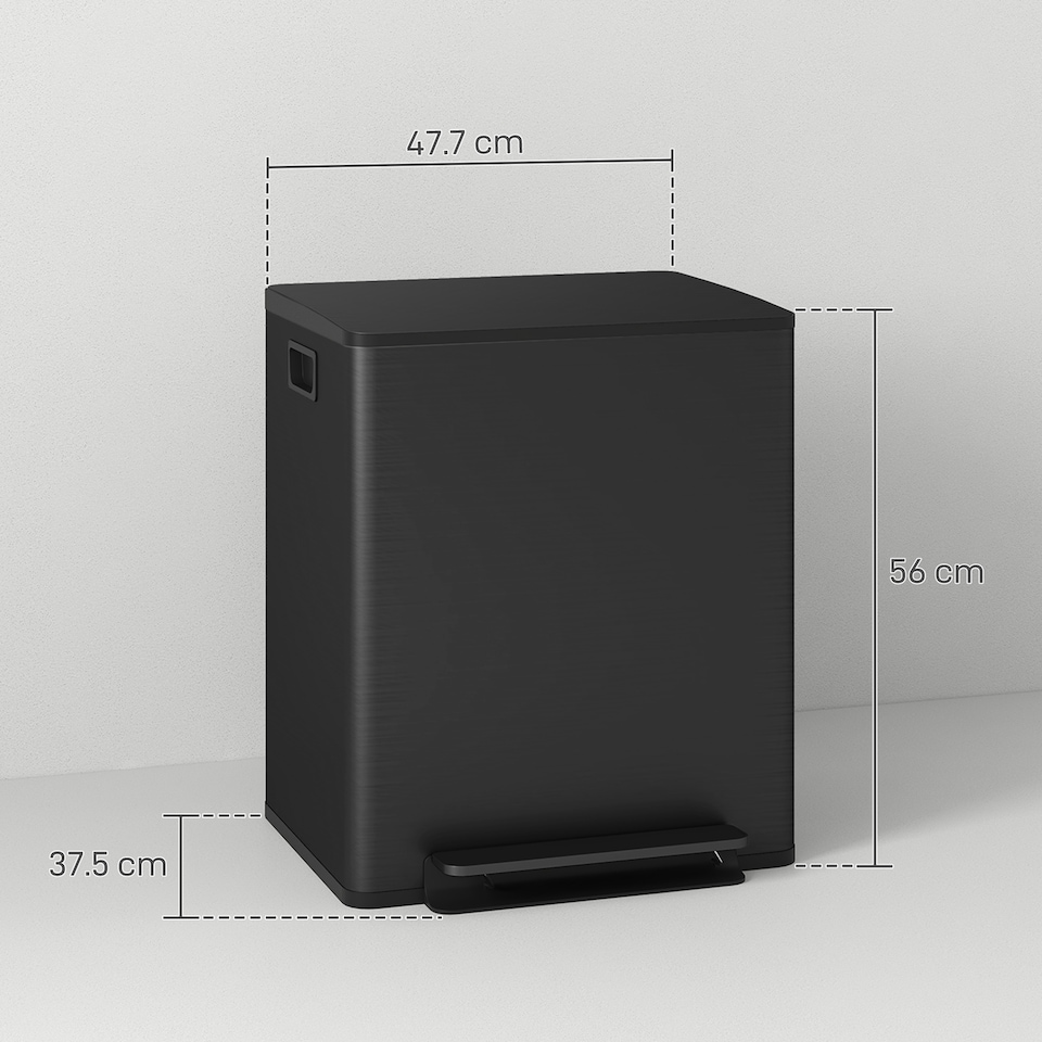image 1 of HOMCOM Dual Kitchen Bin, 2 x 25L Stainless Steel Double Pedal Bin with Soft-Close Lid, Removable Inner Buckets and Handles for Recycling and Waste, Black | Black